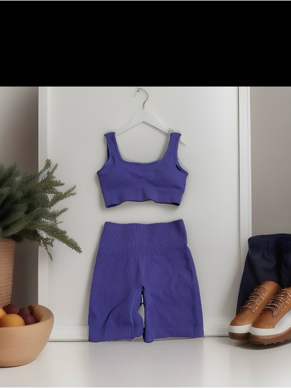 Ribbed Purple Crop Tank & High-Waist work out  Shorts Set NWOT